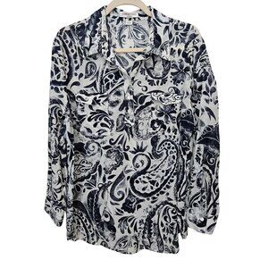 Coldwater Creek 100% Cotton White Blue Paisley Collar Popover Tunic Blouse PXL